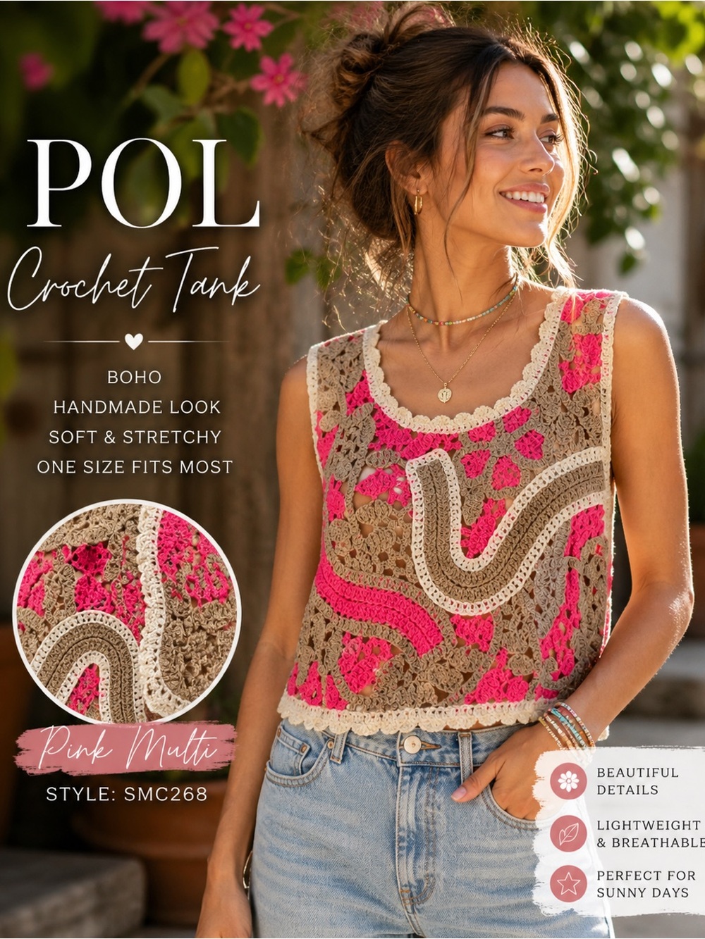 POL Pink Multi Crochet Patchwork Tank | Boho Granny Square Crop | OS, NIB